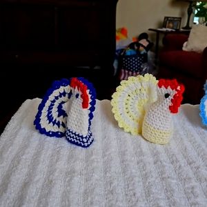 handmade crochet Chickens. Great Easter or Spring home decor. Funny and cute.